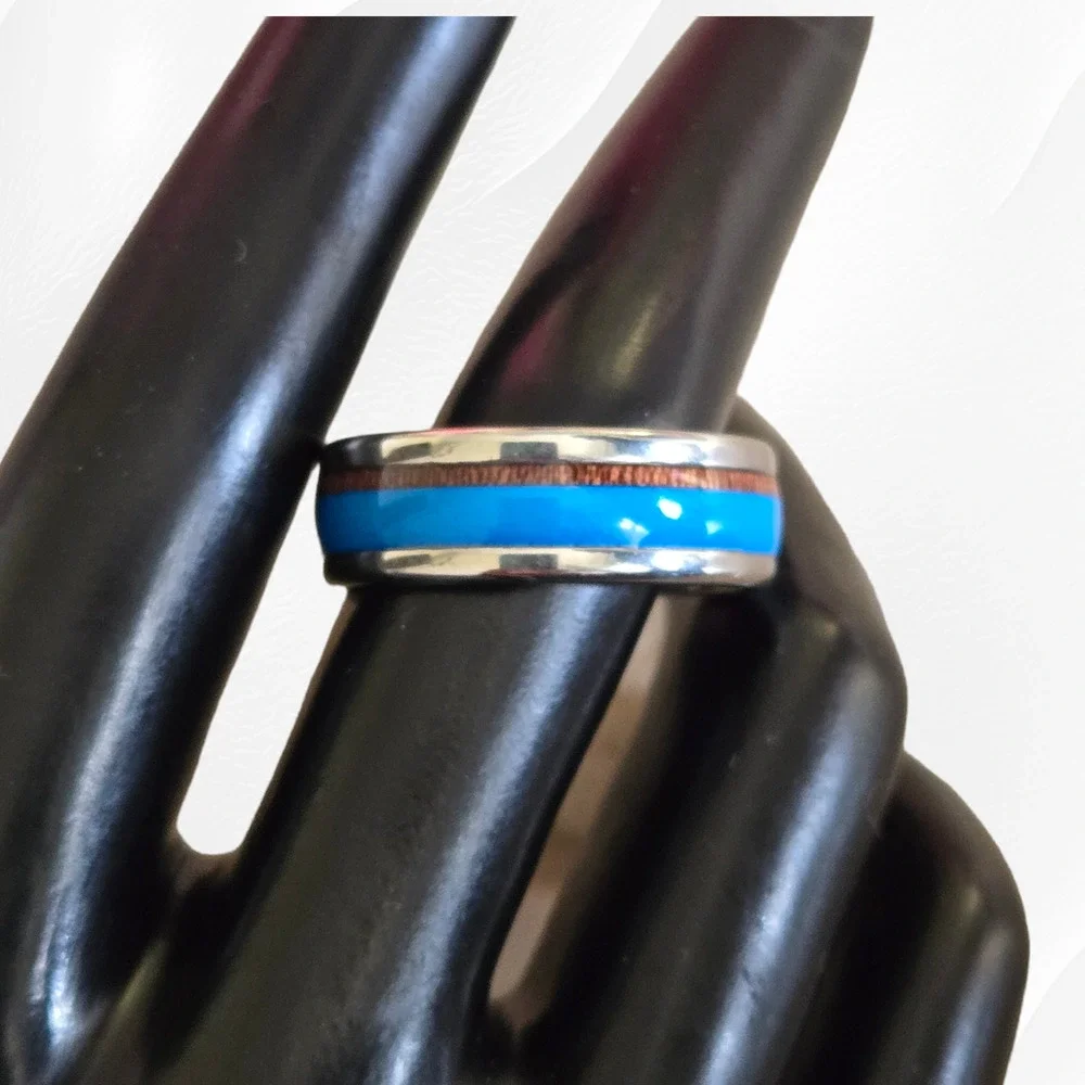 Turquoise Wood Pattern Band Inlay Stainless Steel Fashion Ring Size 11